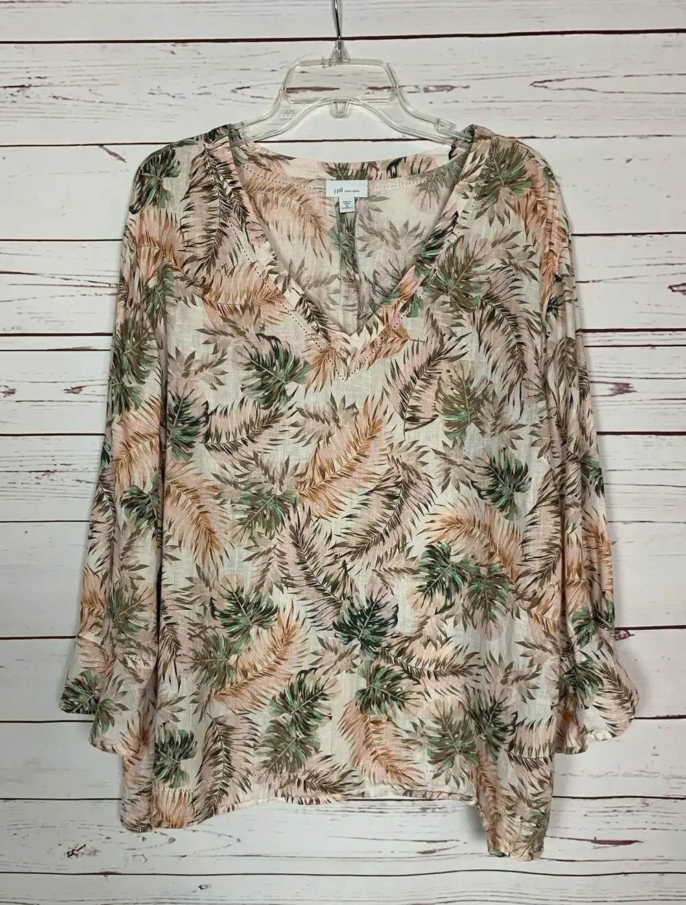 J.Jill Women's Plus Size 3X Pink Print 100% Linen Long Sleeve Summer Top Blouse